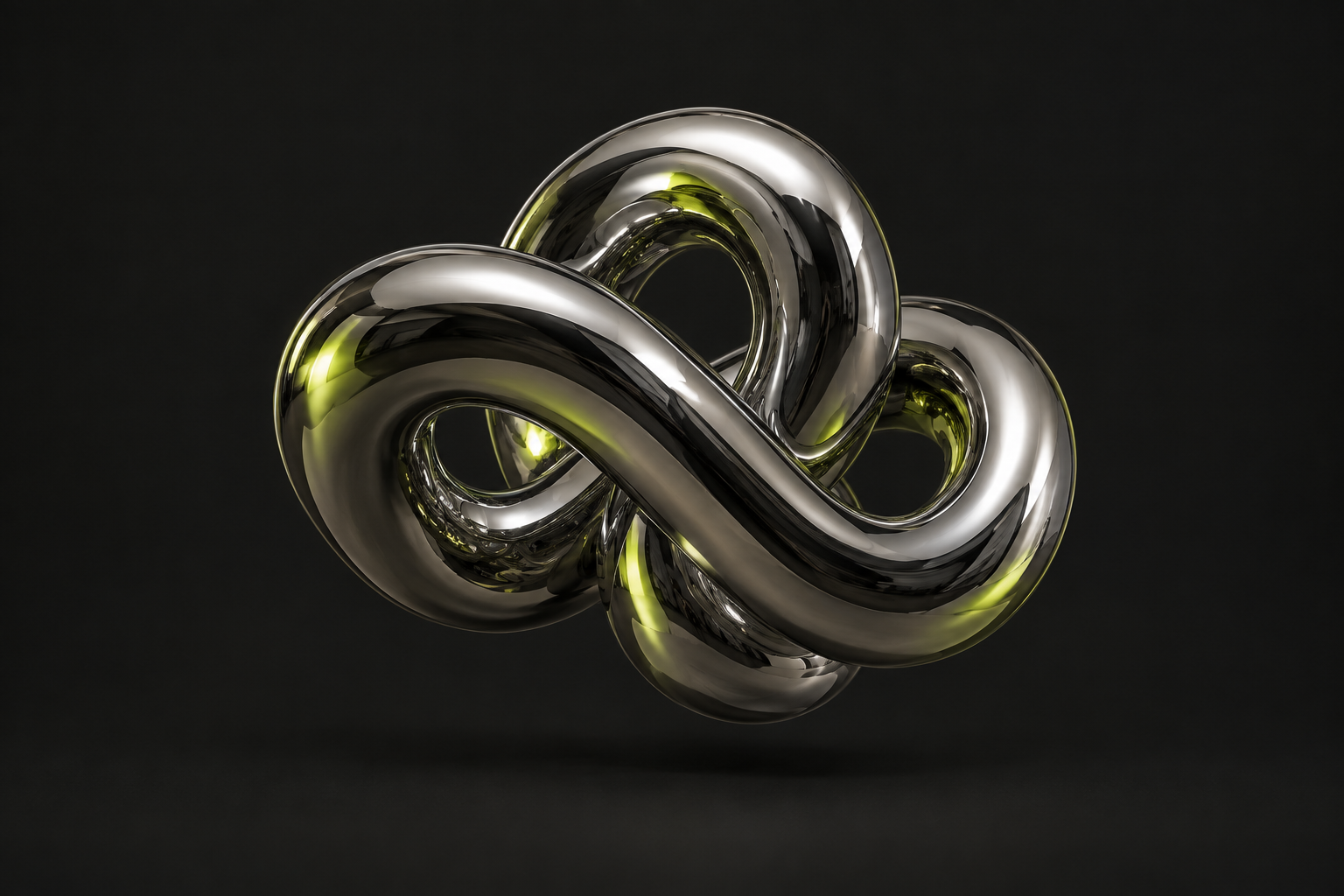 A polished chrome knot with electric green reflections